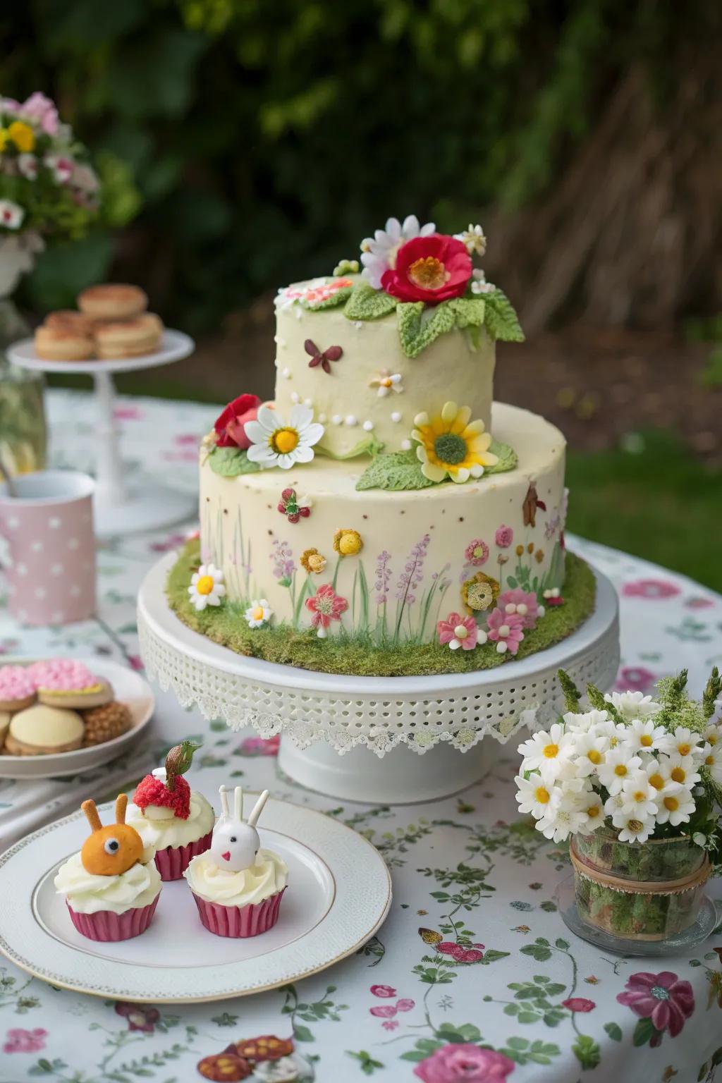 A yard-inspired cake featuring enchanting floral decorations.