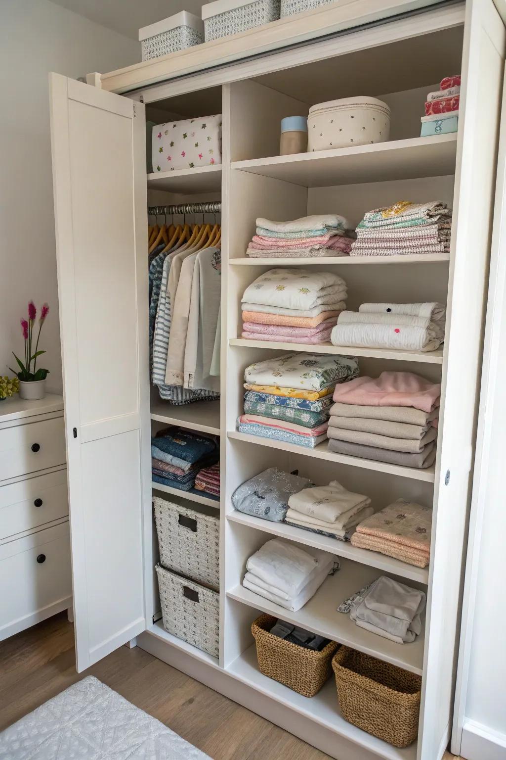 Convert a bookshelf into a versatile storage solution for baby clothes.