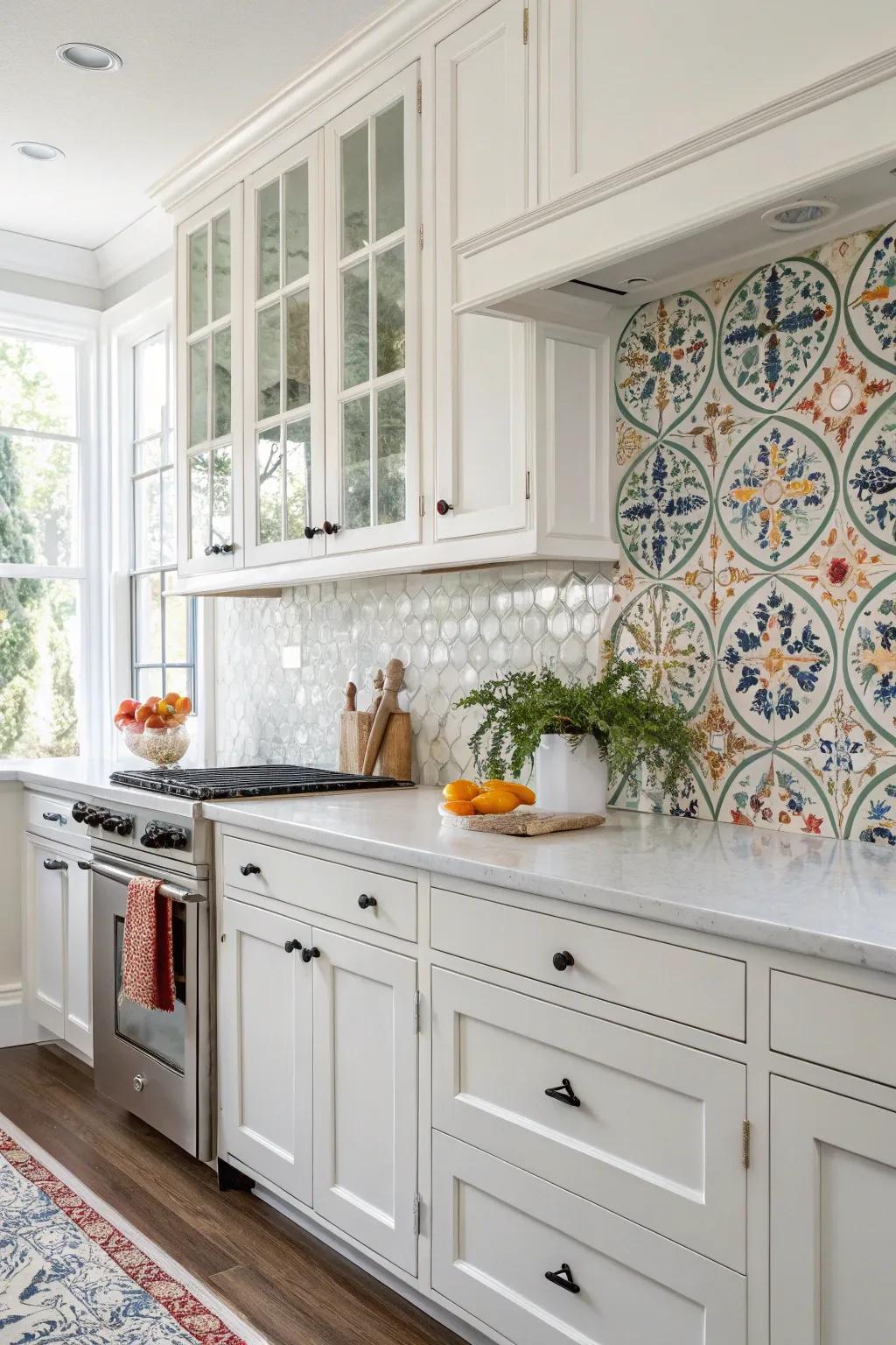 Handpainted tiles fashion a unique artisan accent in this white kitchen.