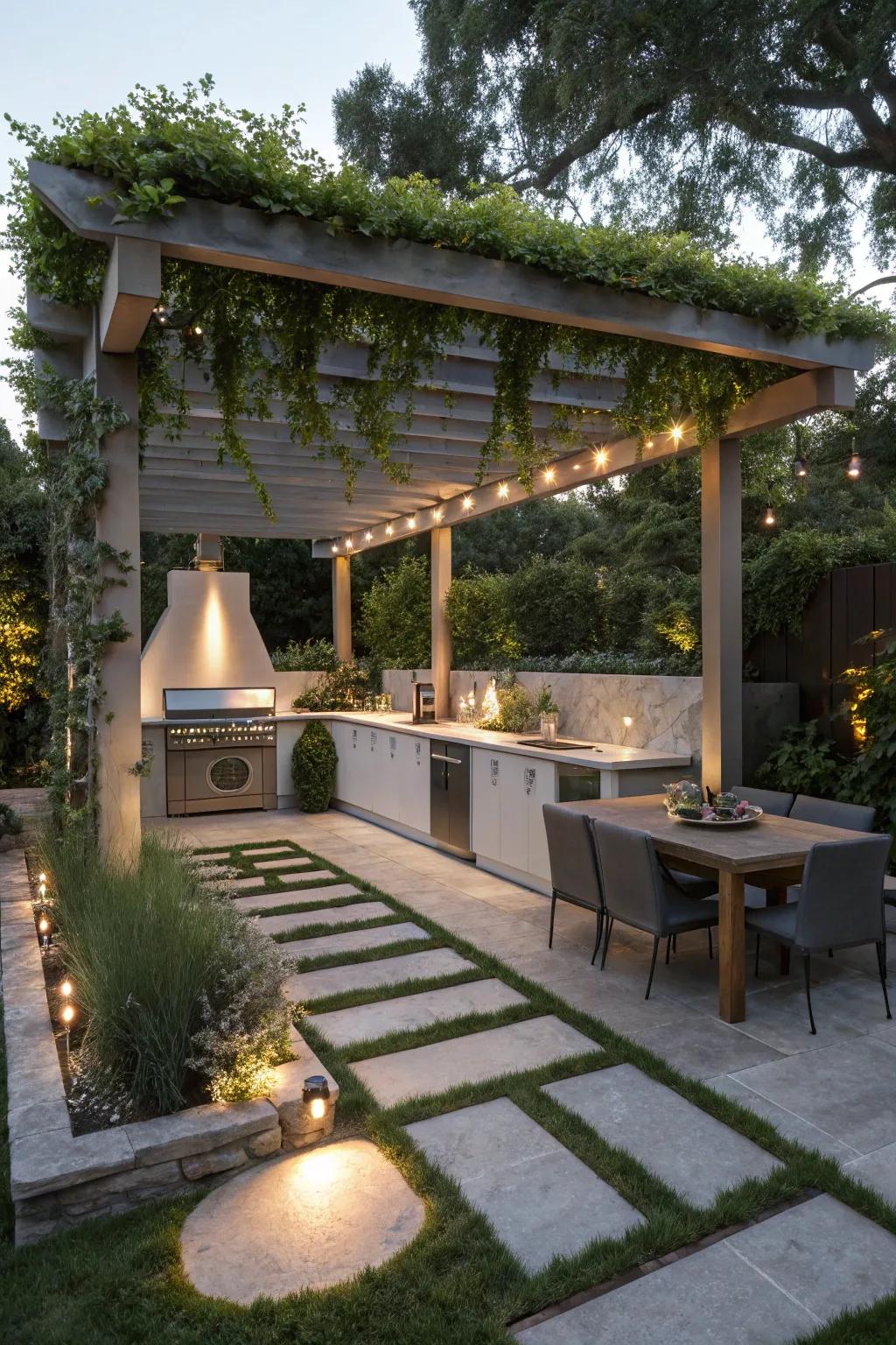 A Zen garden arbor establishes a peaceful and harmonious outdoor cooking area.