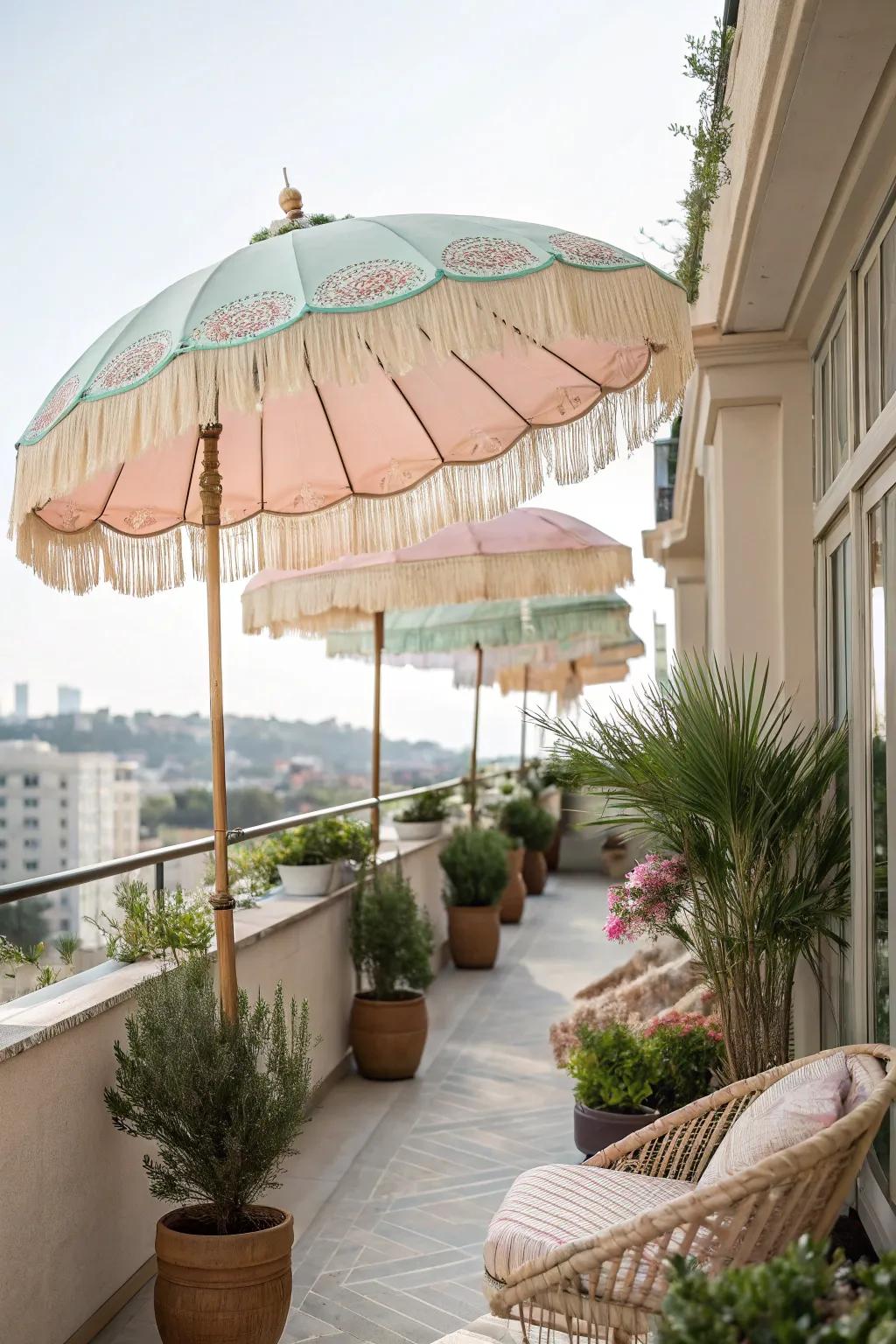 Elegant parasols introducing style and shade to a balcony.