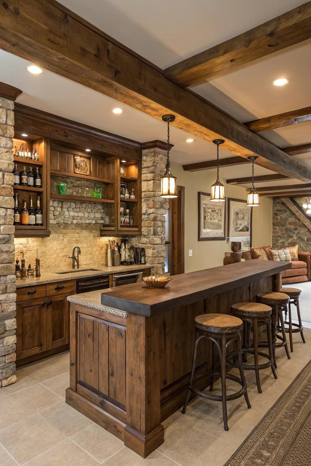 A home bar with a repurposed material backsplash and rustic design.