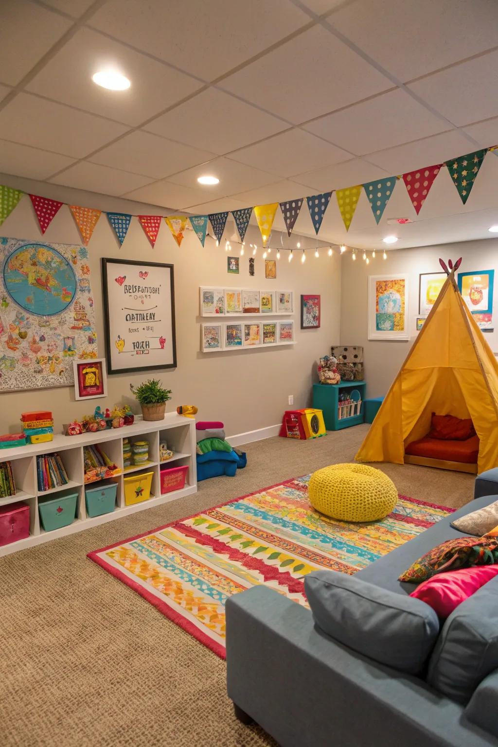 A kid-oriented zone injects enjoyment and use to this family basement.