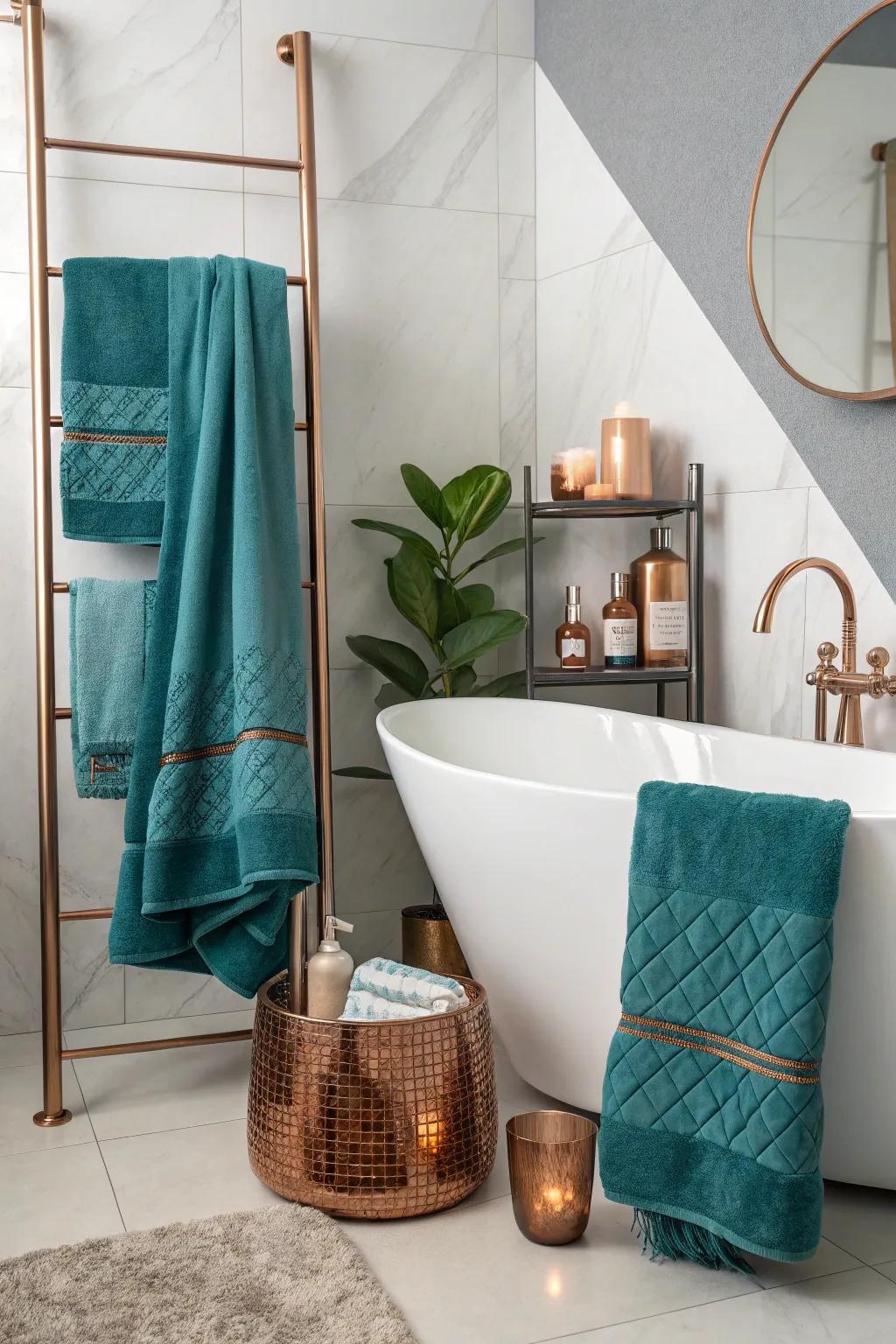 Teal and copper textiles offer a unique and stylish touch.