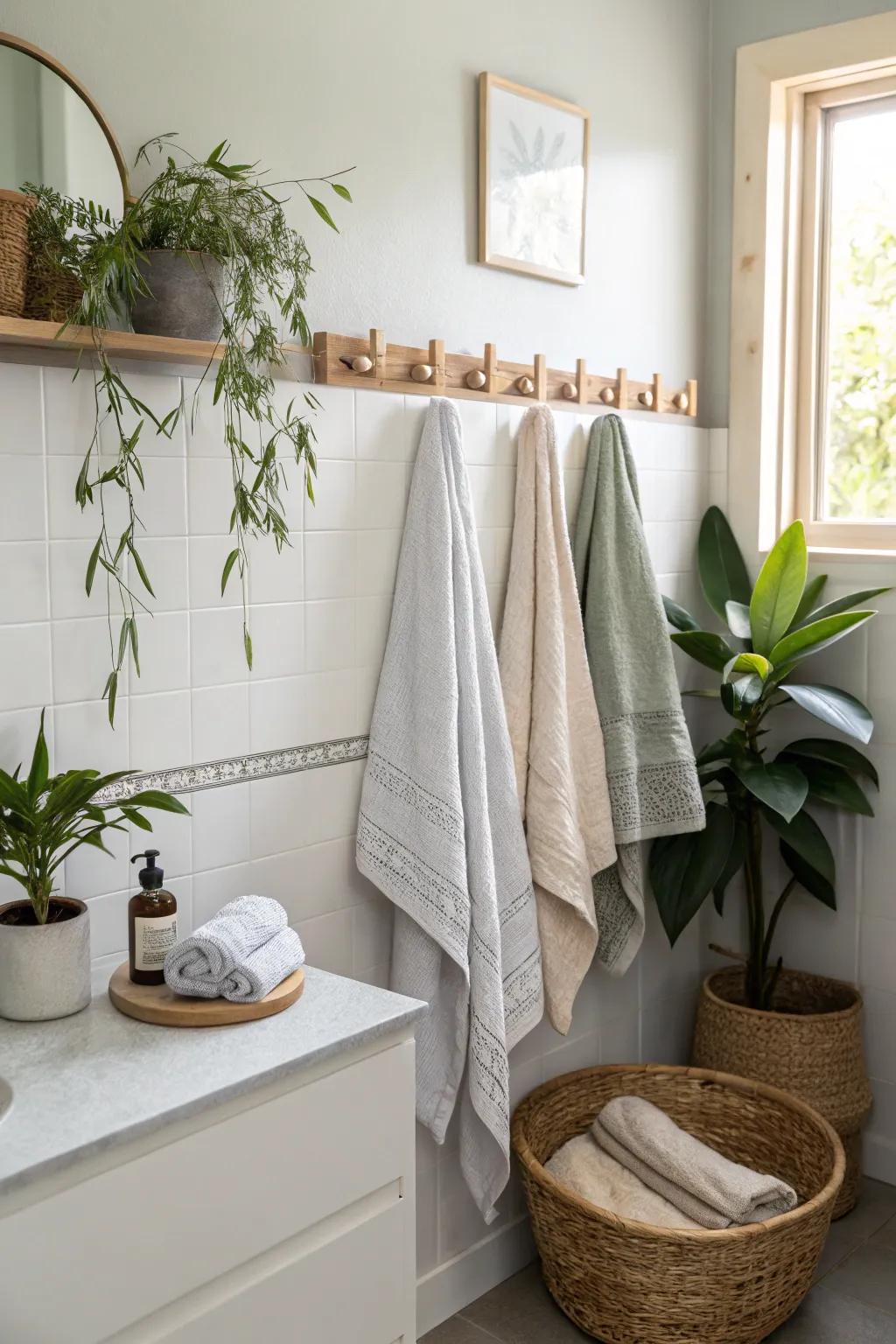 Minimalist pegs deliver a smooth and simple towel storage answer.