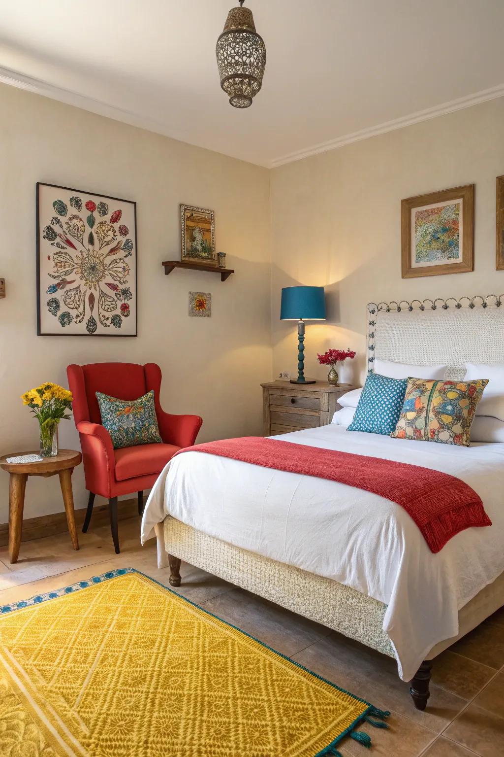 A splash of color energizes this stylish and neutral bedroom.