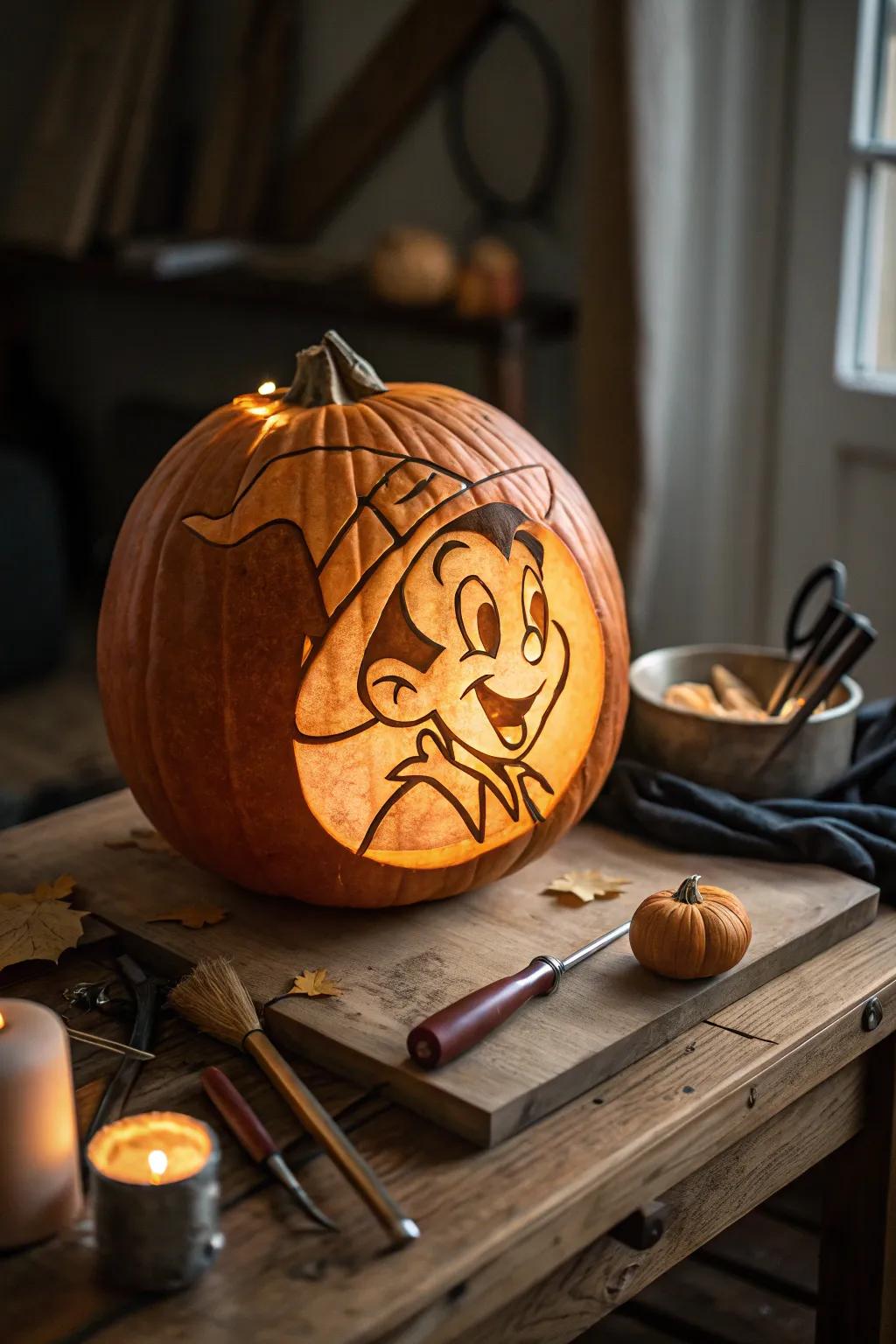 With this easy yet remarkable cartoon portrait pumpkin, master the art of carving!
