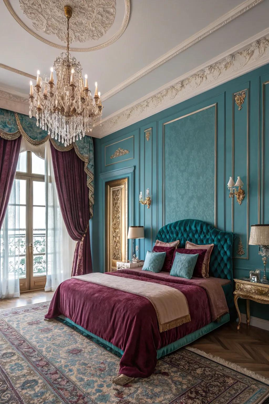 Azure and gem tones create a luxurious vibe.