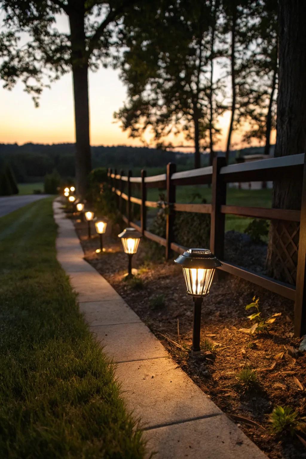 Sun-powered lamps elevate twilight ambiance beautifully.