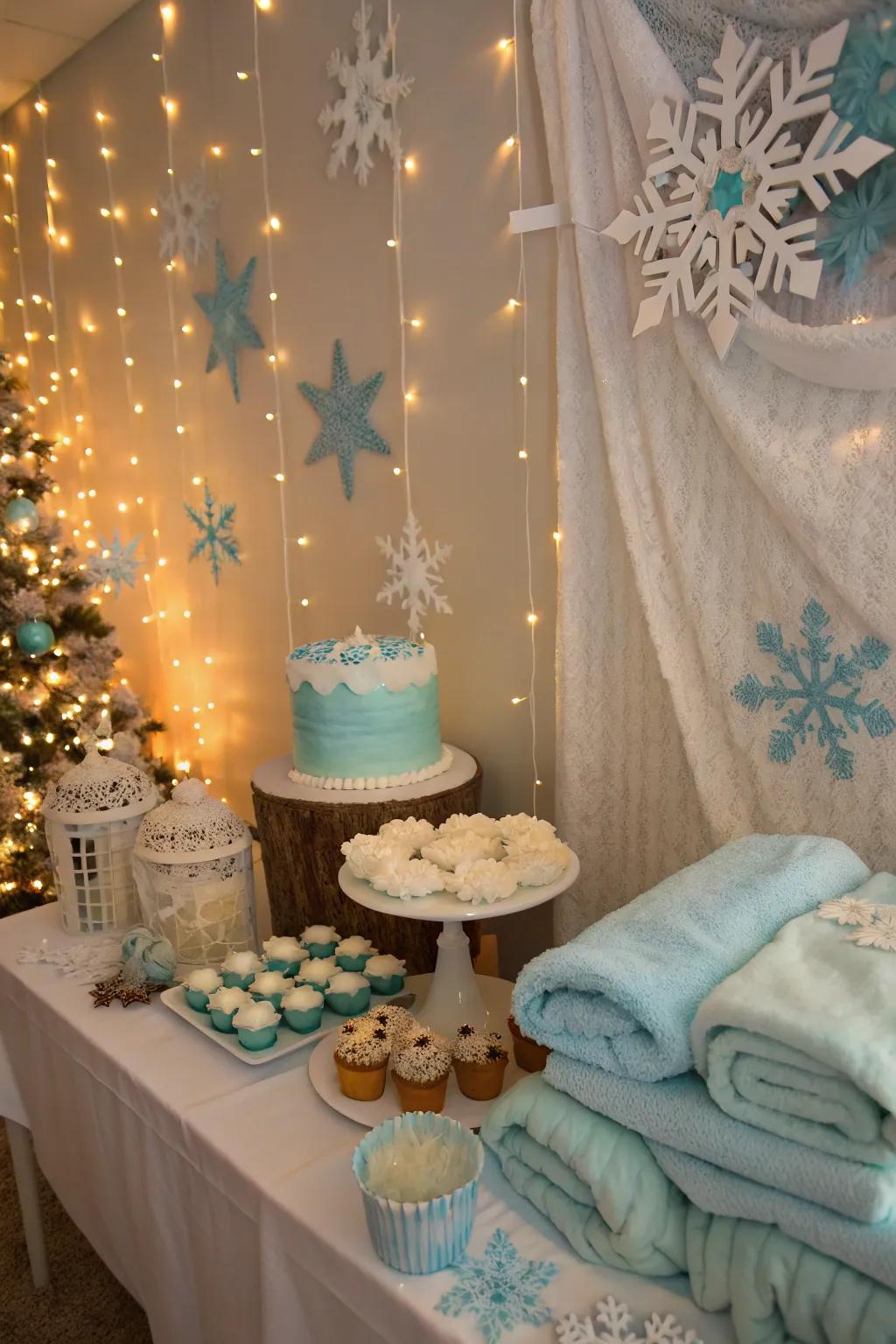 A winter baby shower with cool and cozy decorations