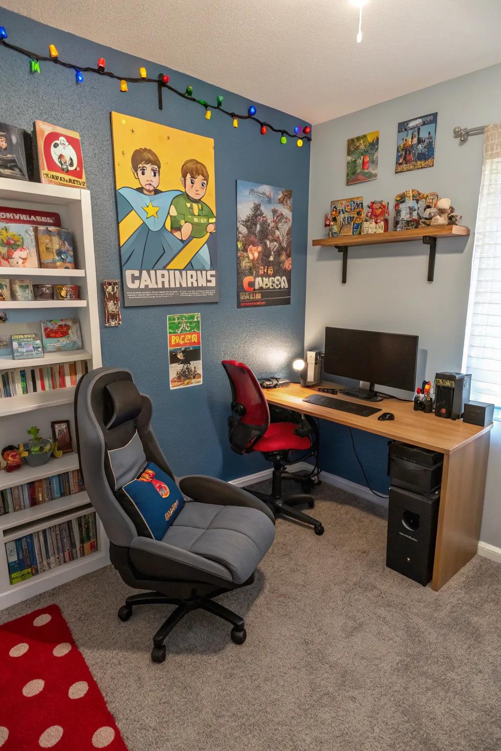 A personalized gaming space offers a cozy place.