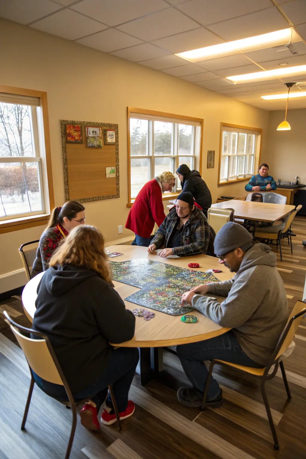 A jigsaw table brings coworkers together in a shared activity.