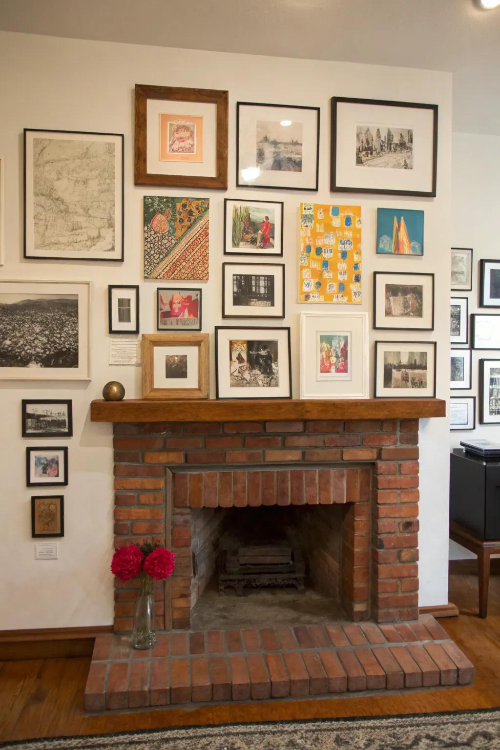 A brick hearth with an eclectic gallery wall, individualizing the space with art and portraits.