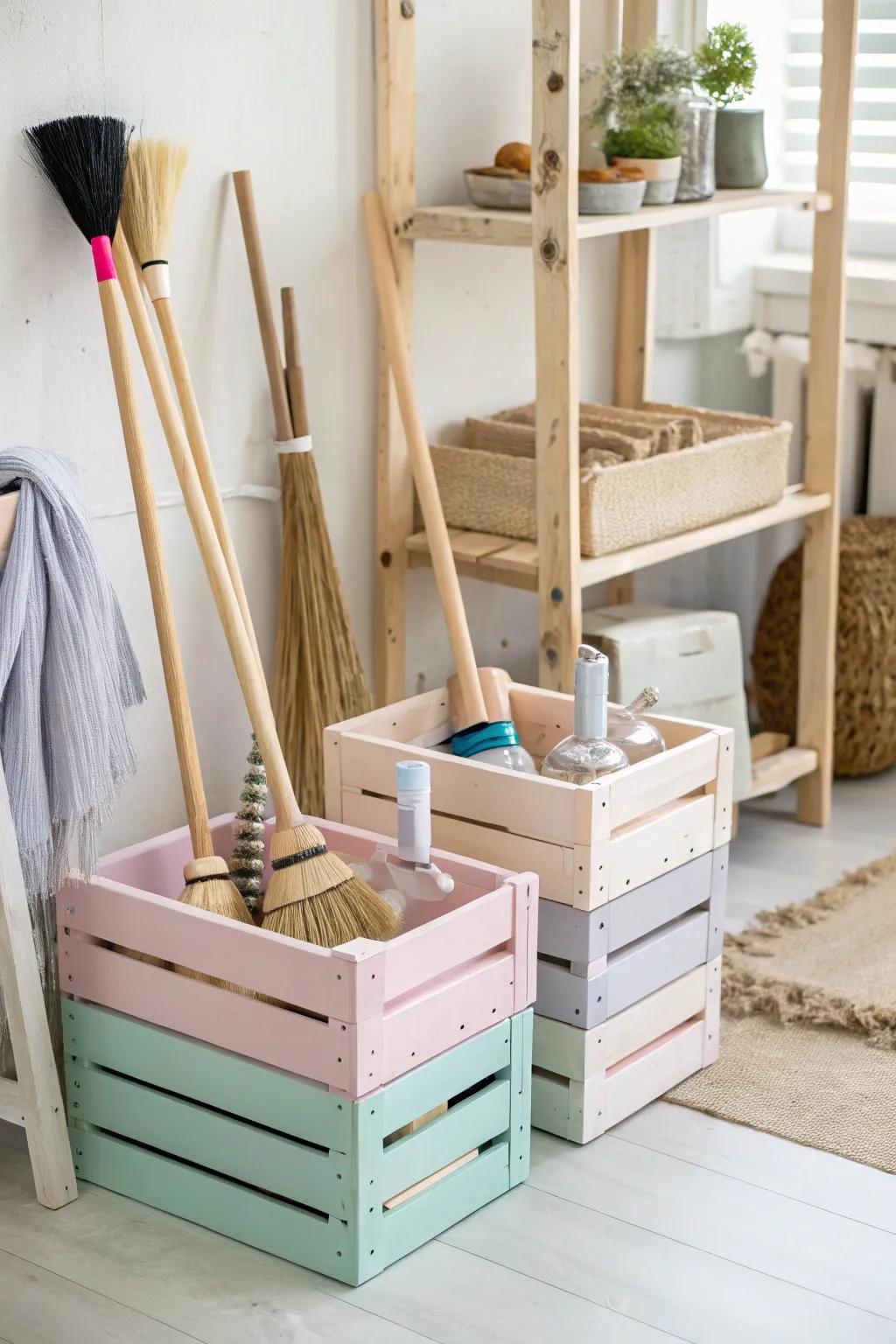 Adding a rustic touch with storage made from repurposed crates.