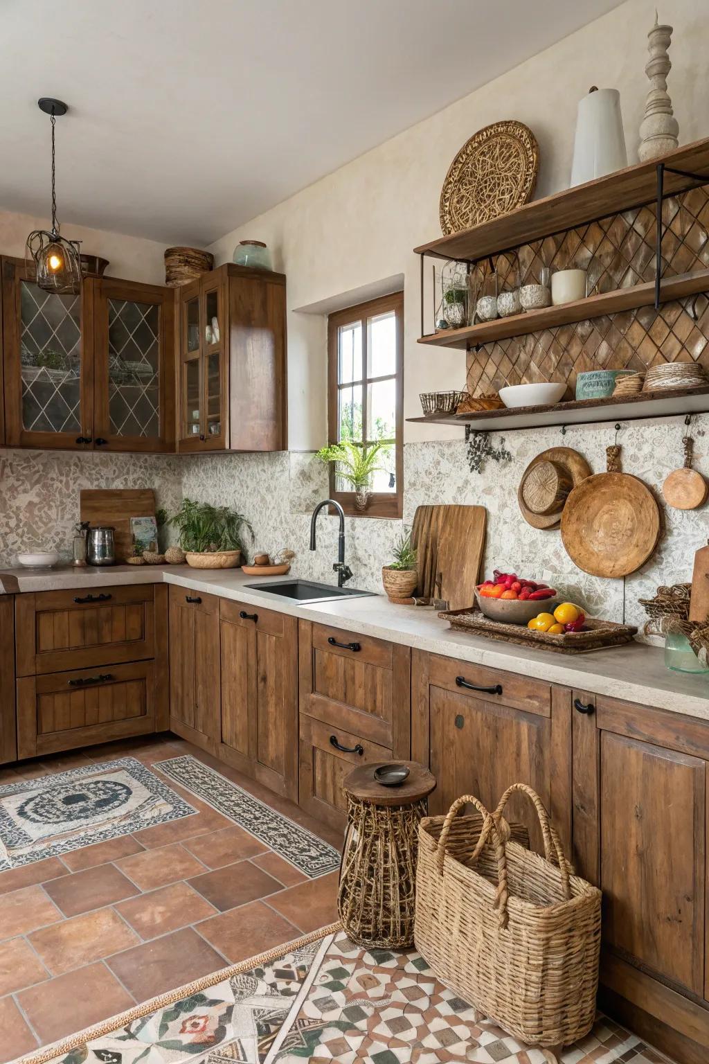 Mixed sienna tones convey an eclectic, unified vibration to the kitchen.