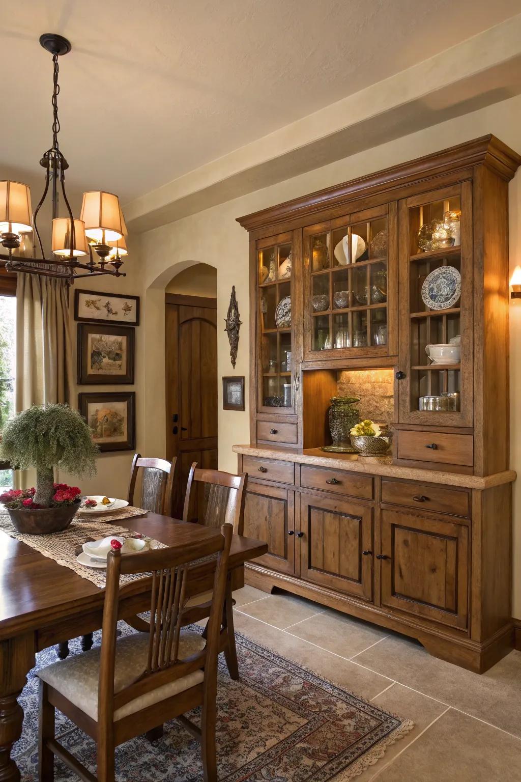Dining room with character and vintage charm, highlighted by built-in cabinets.