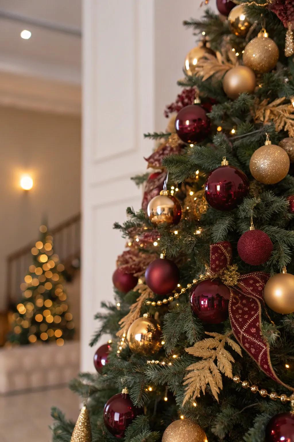 Metallic accents append sheen and festivity to the tree.
