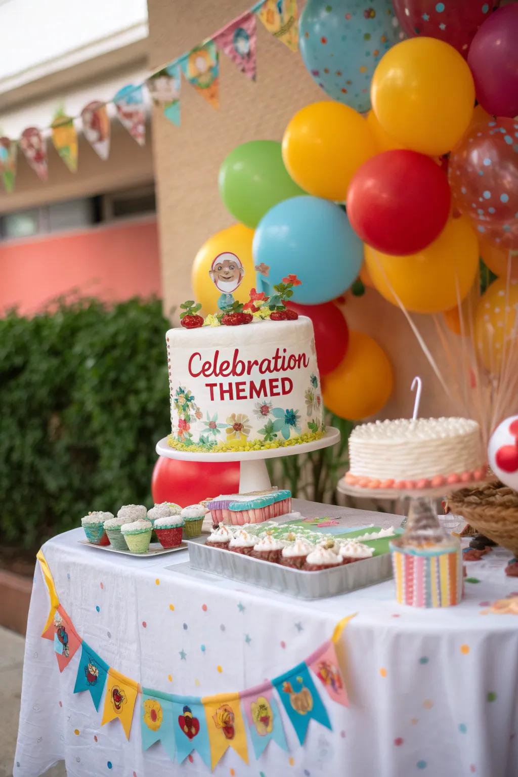 A cake table with a themed banner, adding a personal and expressive touch.