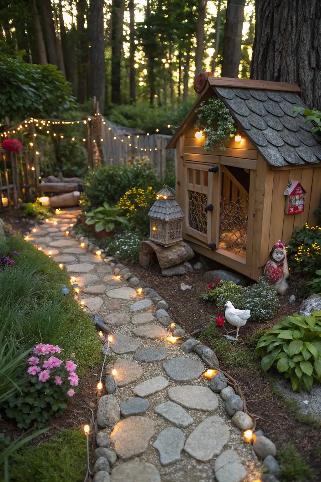 An enchanted plot path introduces whimsy and magic to the coop entrance.