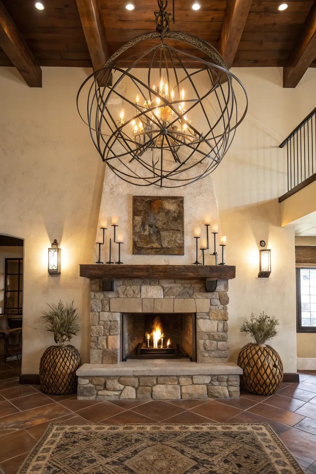An unexpected artistic arrangement above the fireplace captivates and transforms the space.