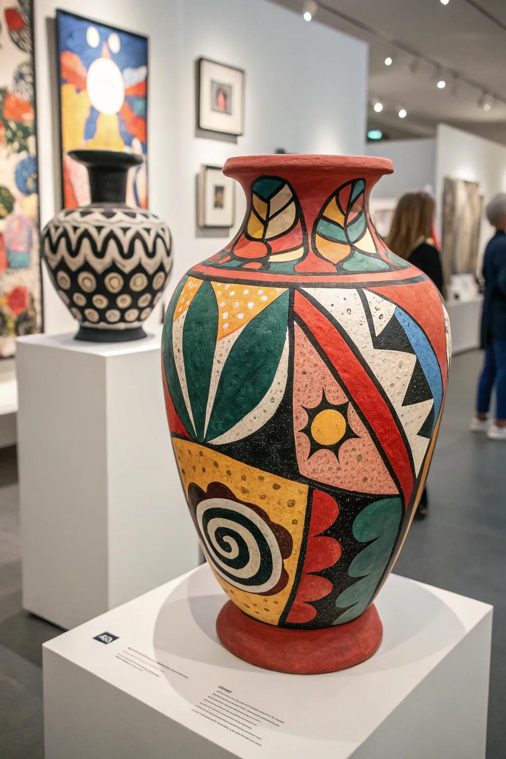 An abstract art earthenware vase functioning as a bold point of focus in any decorating scheme.
