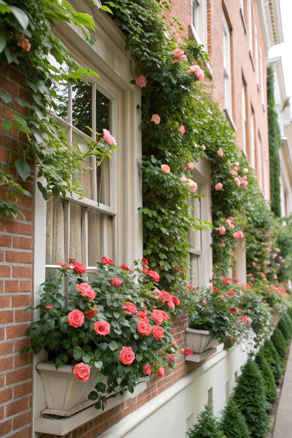 Append lush resplendence to casements with climbing rose receptacles.