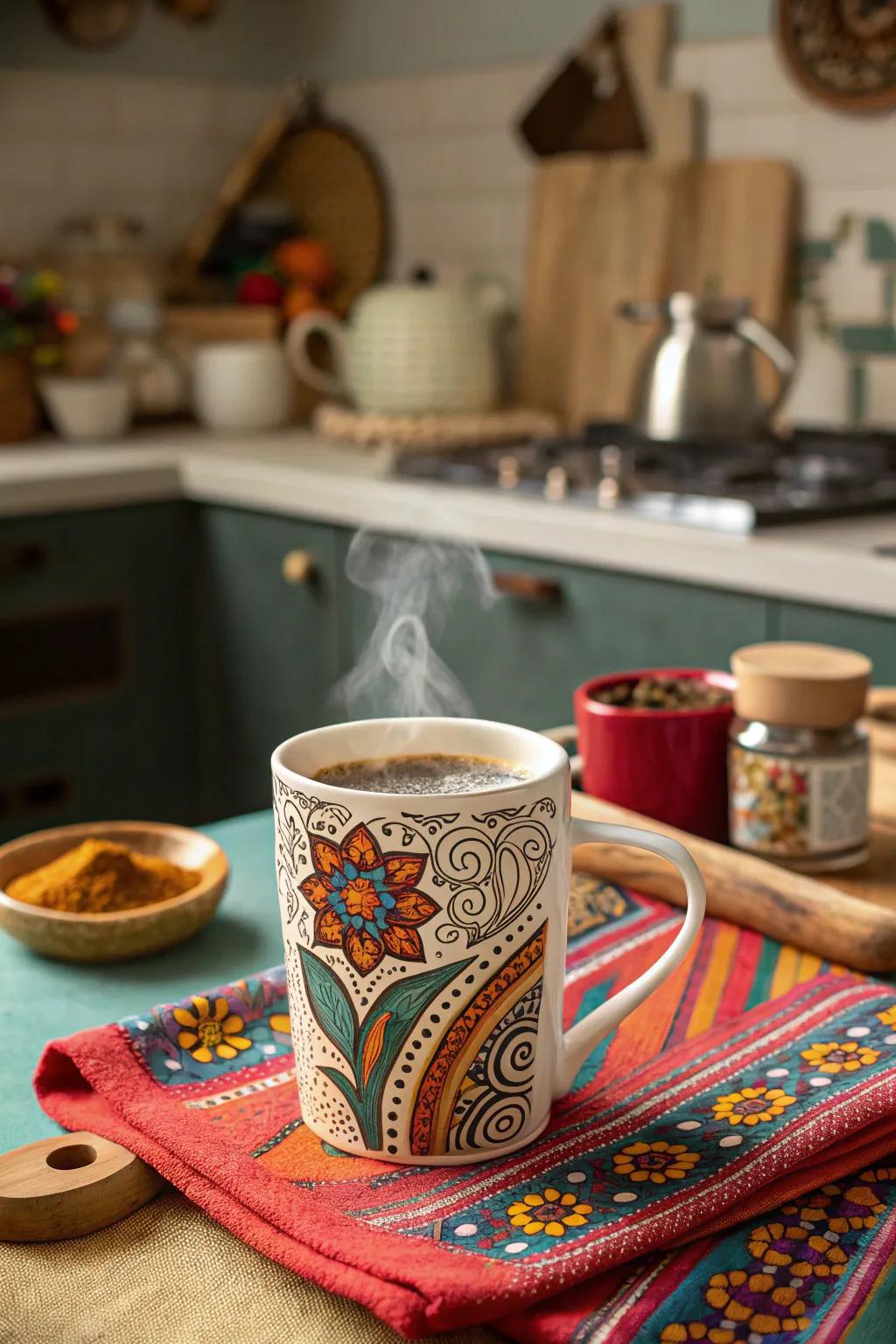 Explore global artistry using coffee cups adorned with gorgeous global patterns.