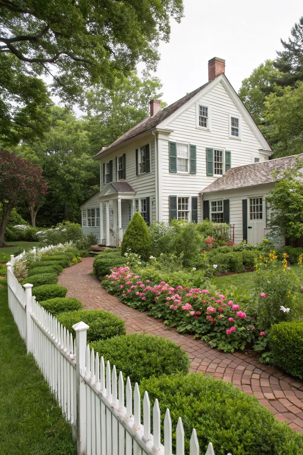 Colonial dwelling featuring accentuating landscaping.