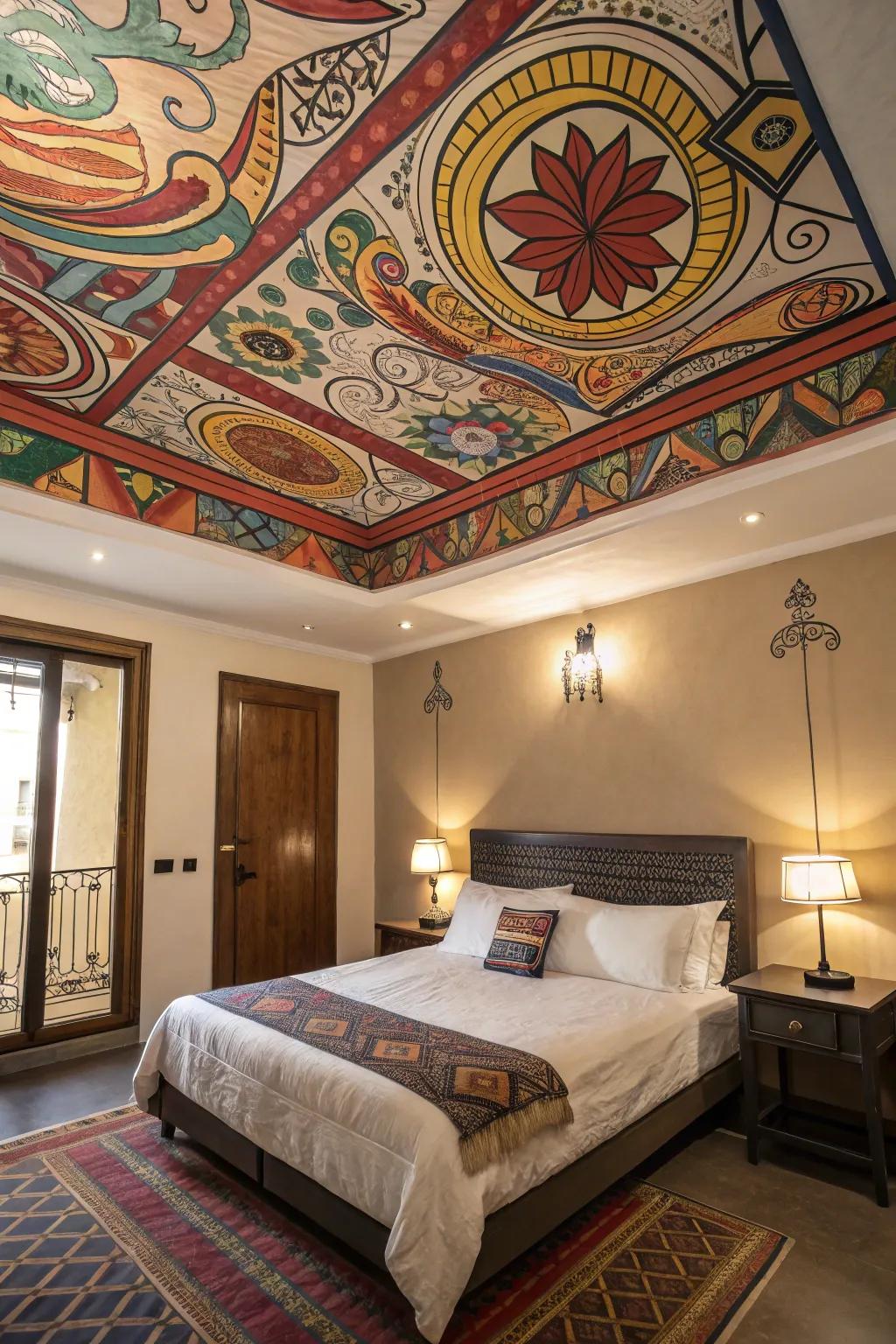 A lively overhead surface adds unexpected interest to this bedroom.