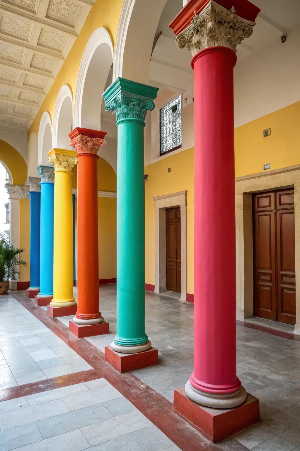 Brightly colored columns add a vibrant touch to a neutral interior.