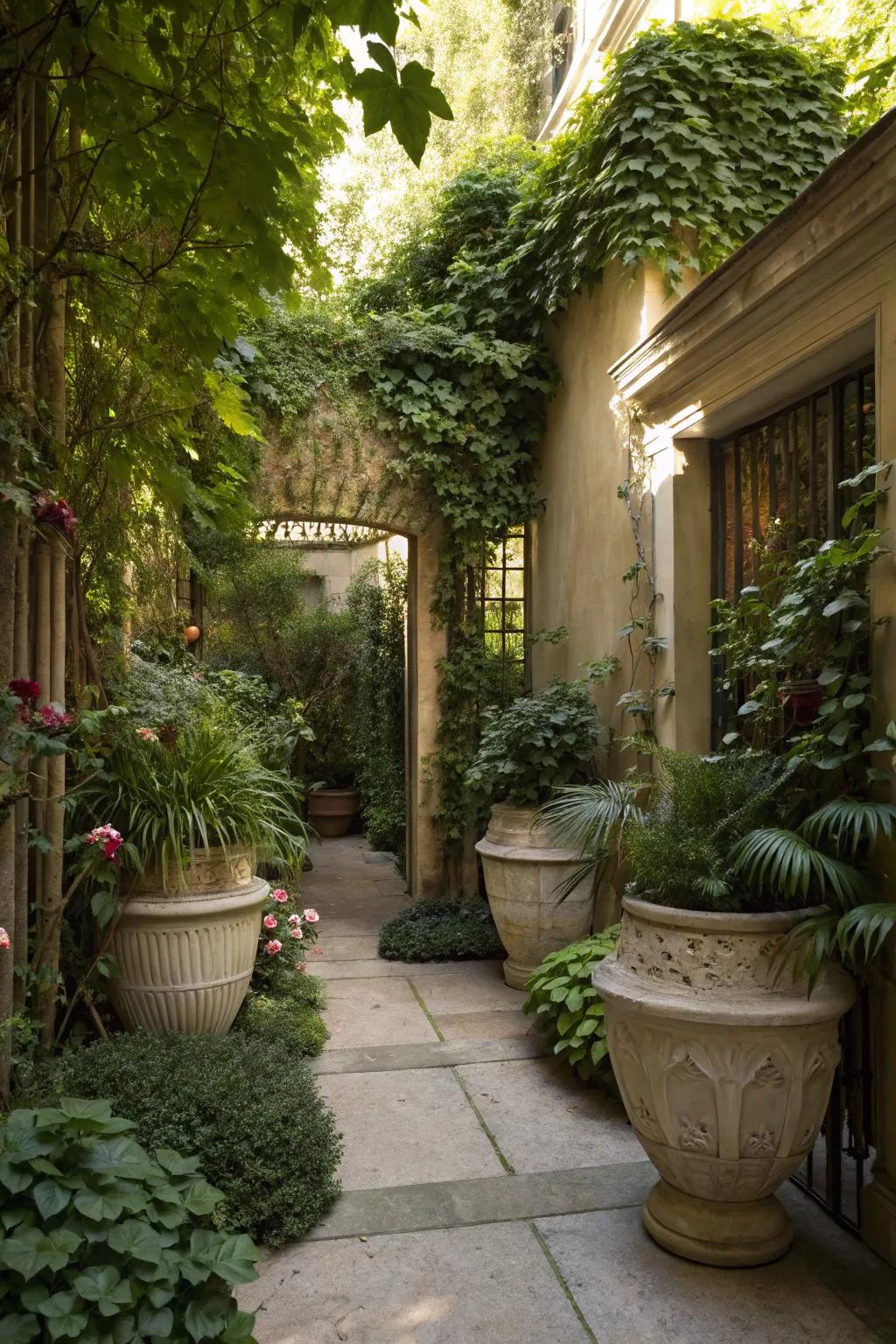 A secluded garden nook created with containers.