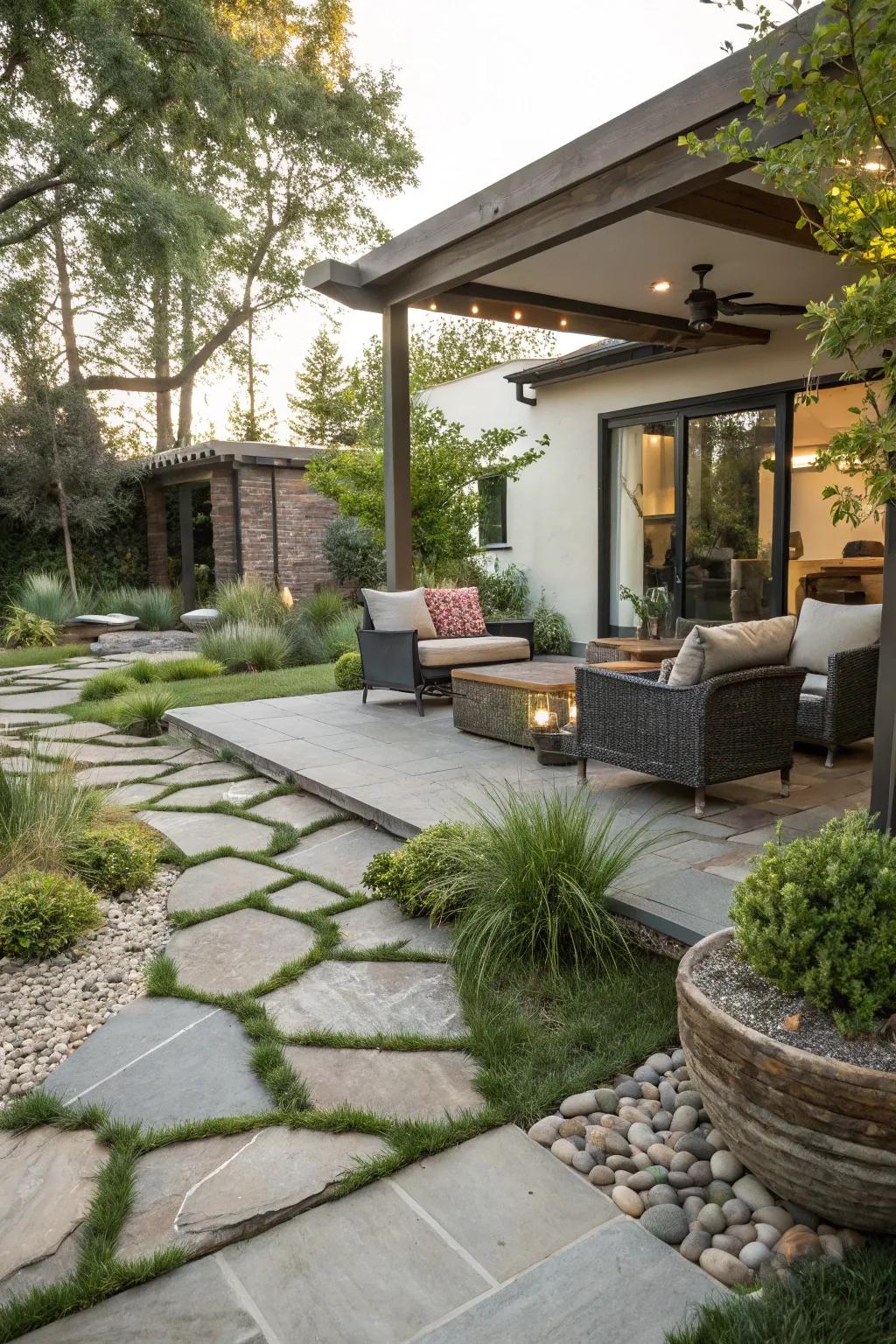 Natural stone features provide elegance to a modern patio.