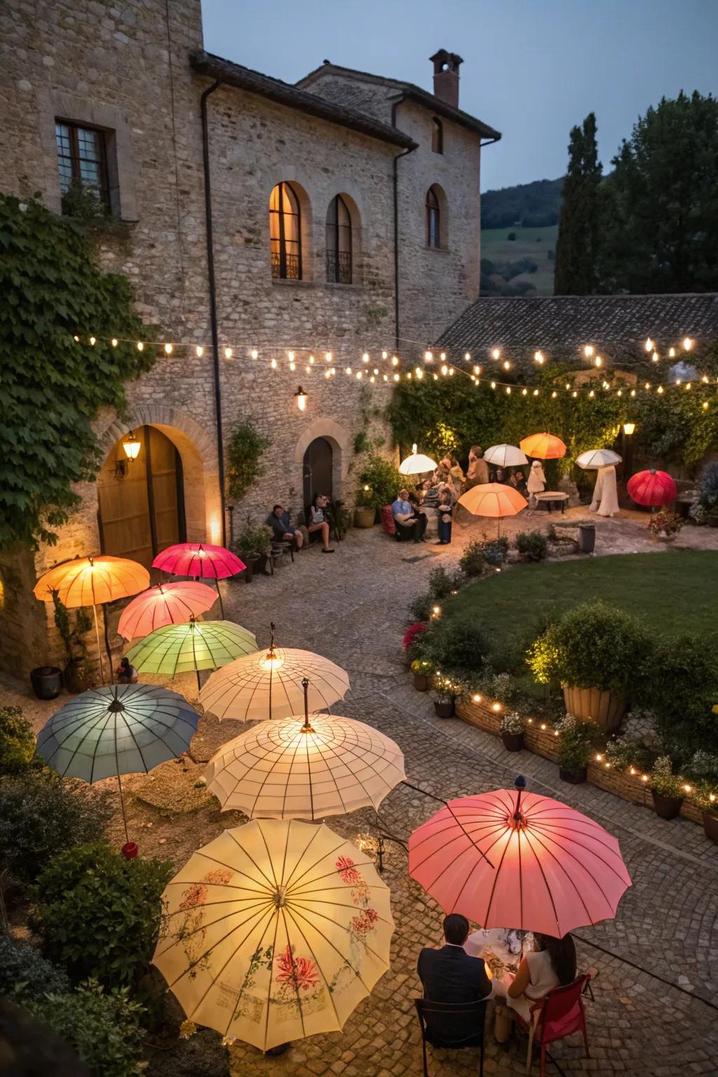 Lighted parasols add a festive flair to the courtyard.