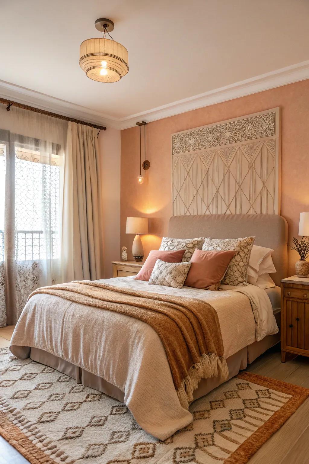 A bedroom combining apricot hues with pale brown for a warm and inviting space.