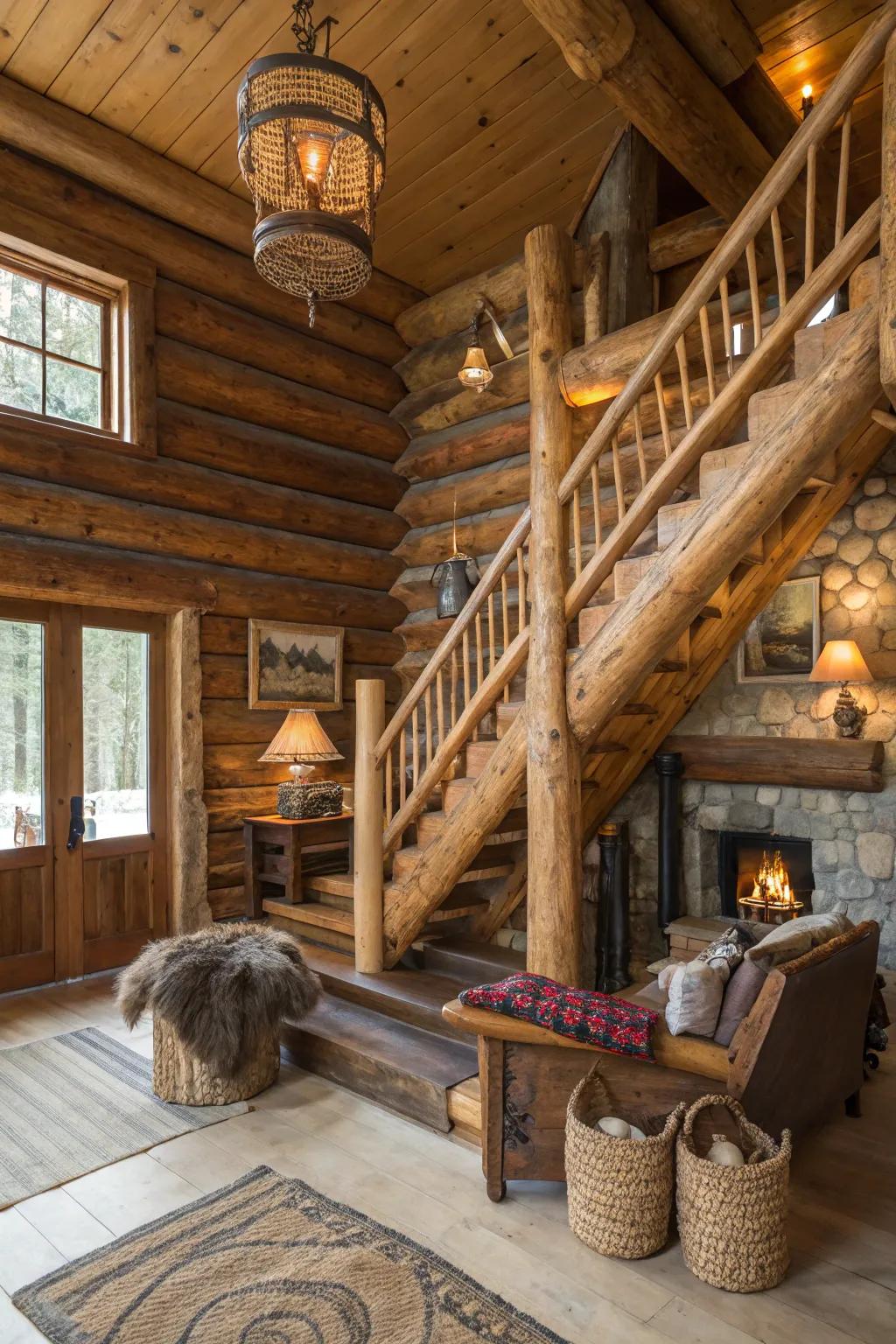A timber stairway adds a bold, rustic touch to the cabin's design.