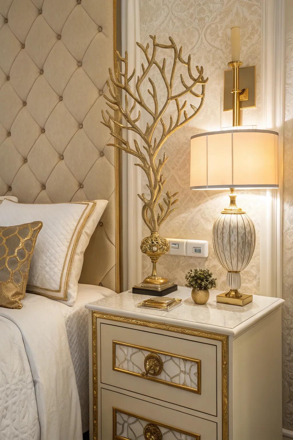 Gold sculptures lend an artistic and personalized dimension to the decor.
