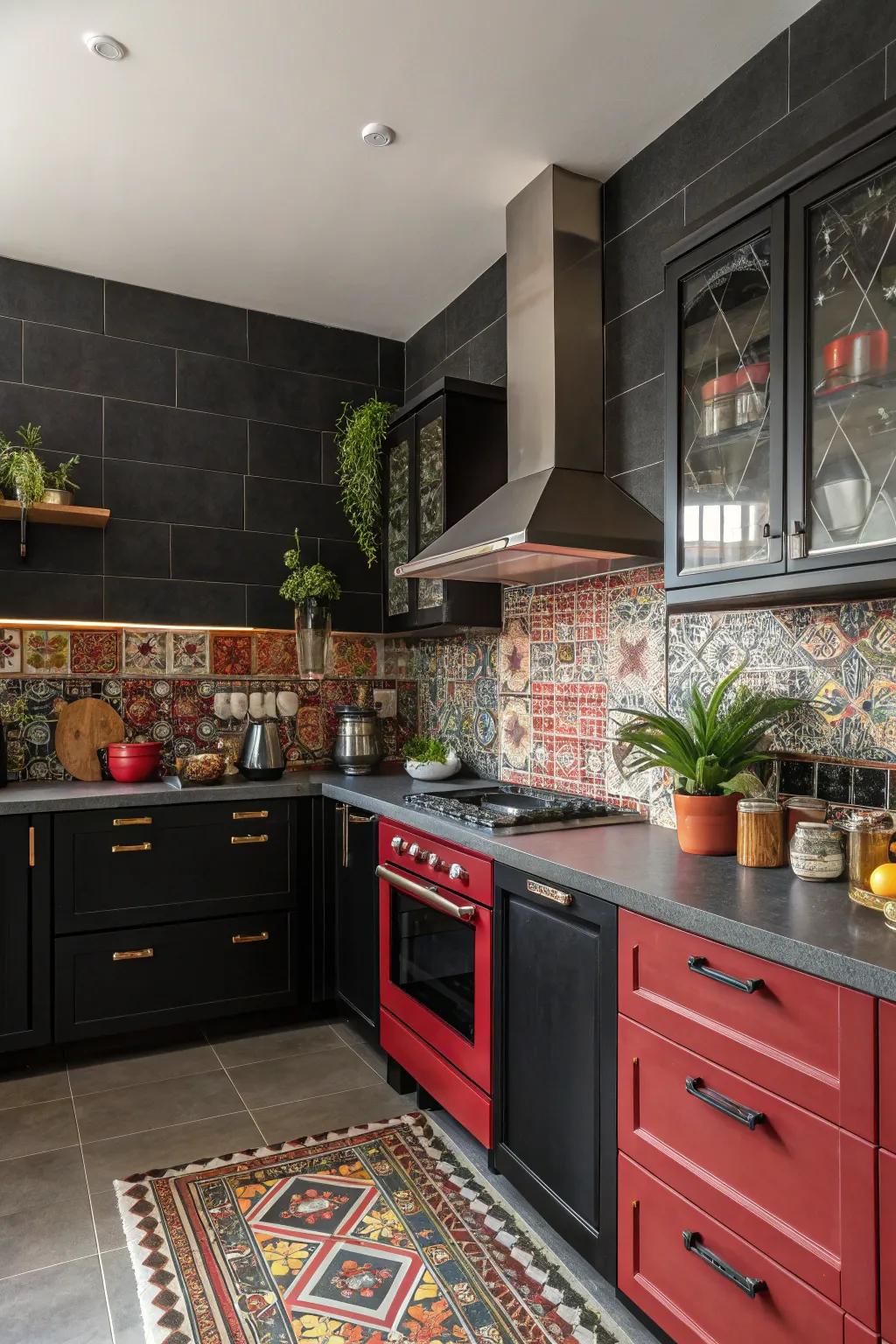 A playful kitchen design featuring a dark backsplash accented by daring color pops.
