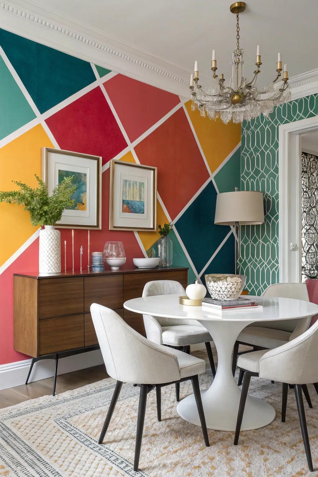 Blocks of bold colors create a significant impact in this modern dining space.