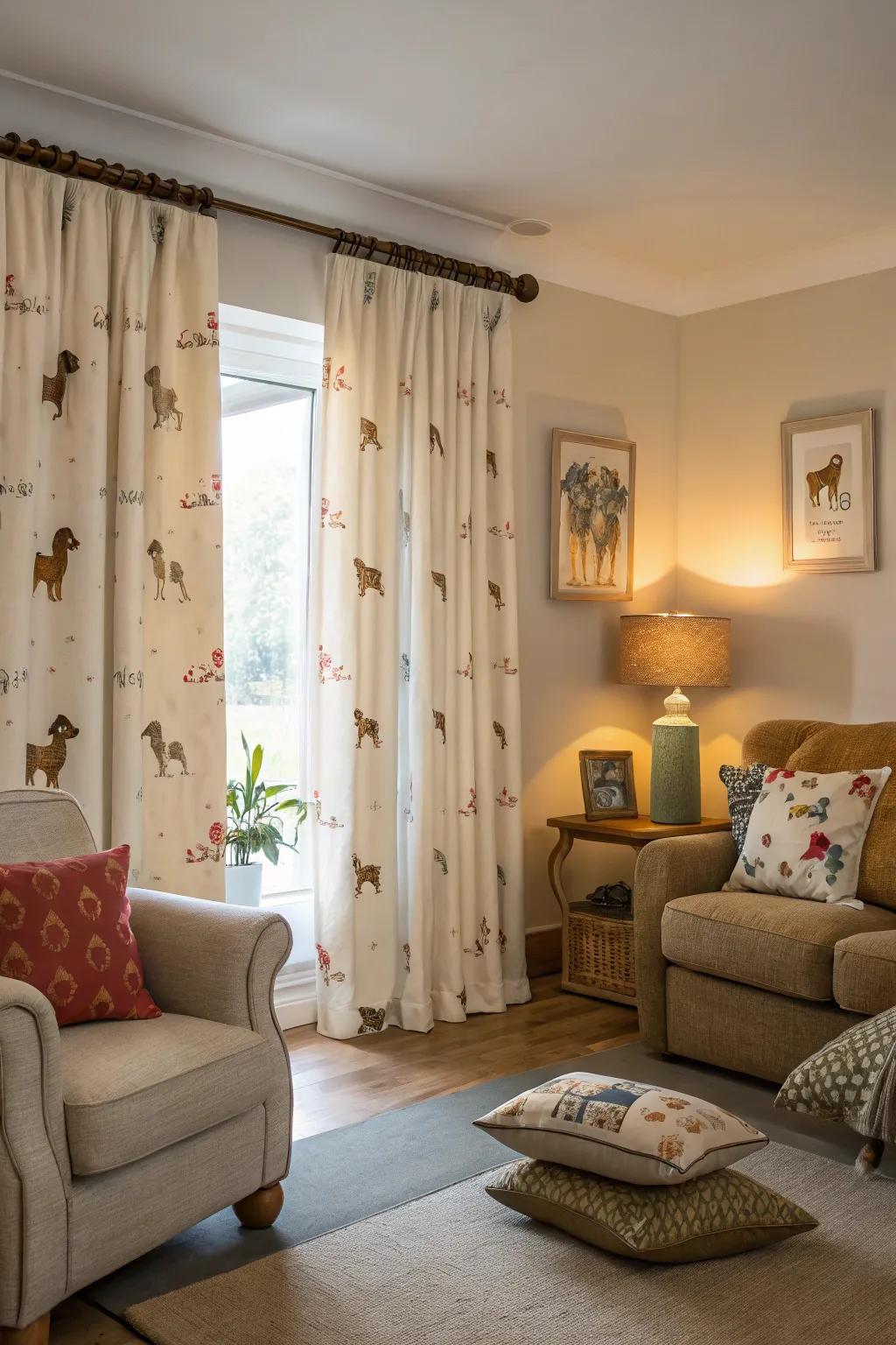 Add a playful flair with dog-themed window treatments.