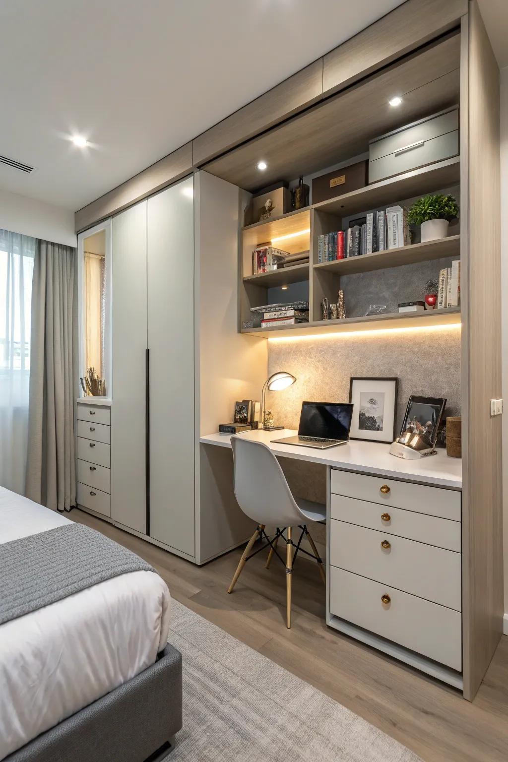 Multipurpose furniture maximizes area and efficiency.