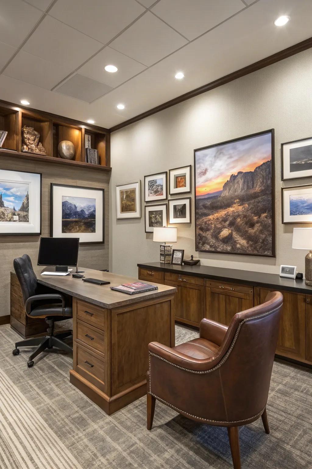 A wall of pictures adds a personal touch to this office.