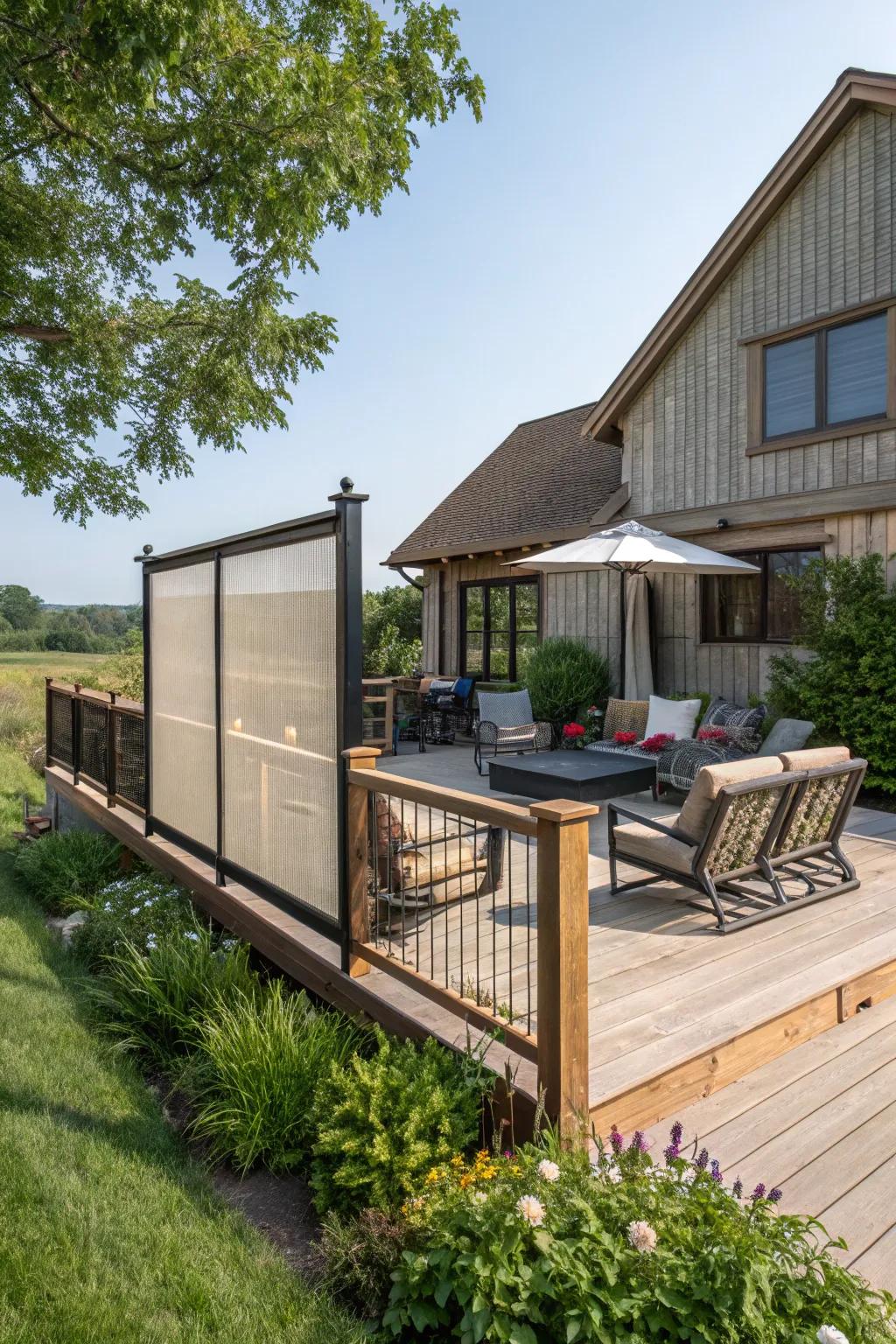 Cozy retreat: Privacy screen on porch balustrade.