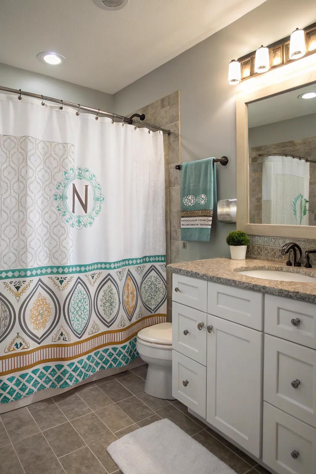 A tailored bathroom showcasing a custom shower covering with initials.