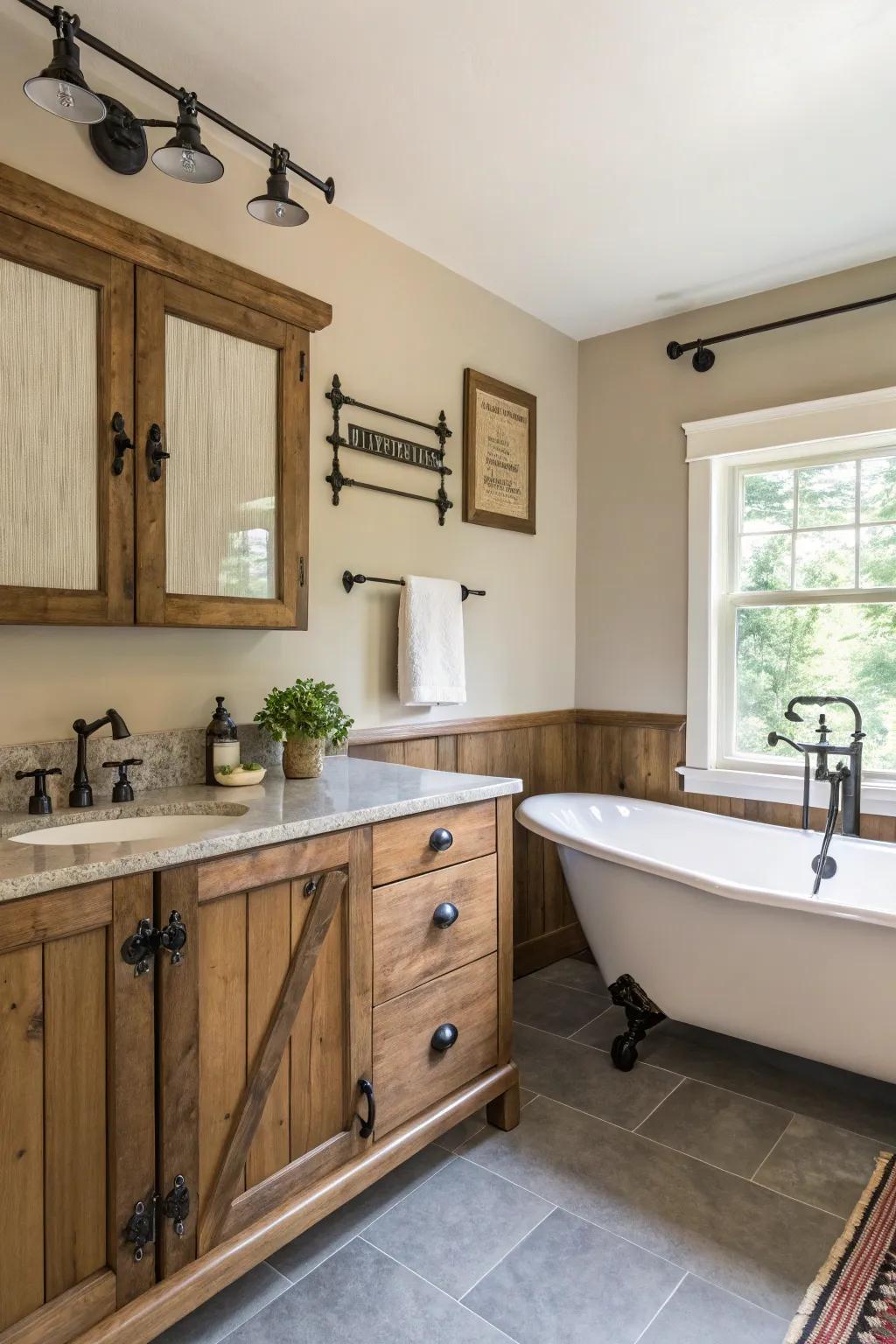 Bold hardware injects a striking detail into this farmhouse bathroom.