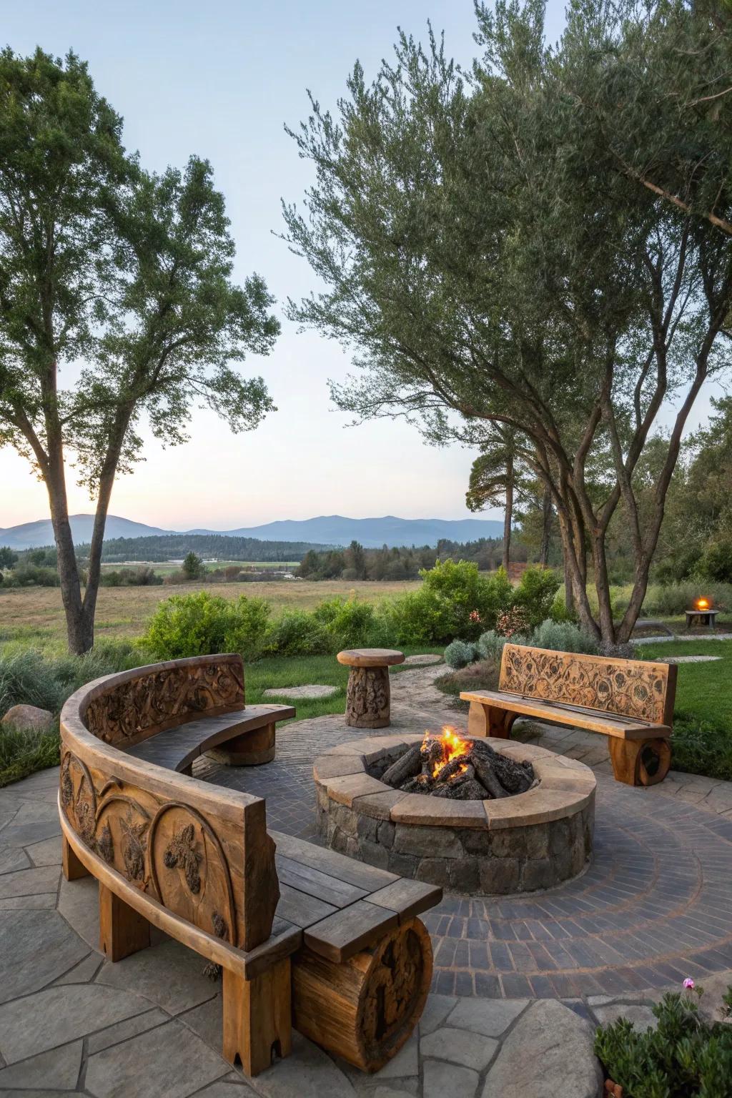Artisan-made benches add a personalized touch to the fire pit setting.