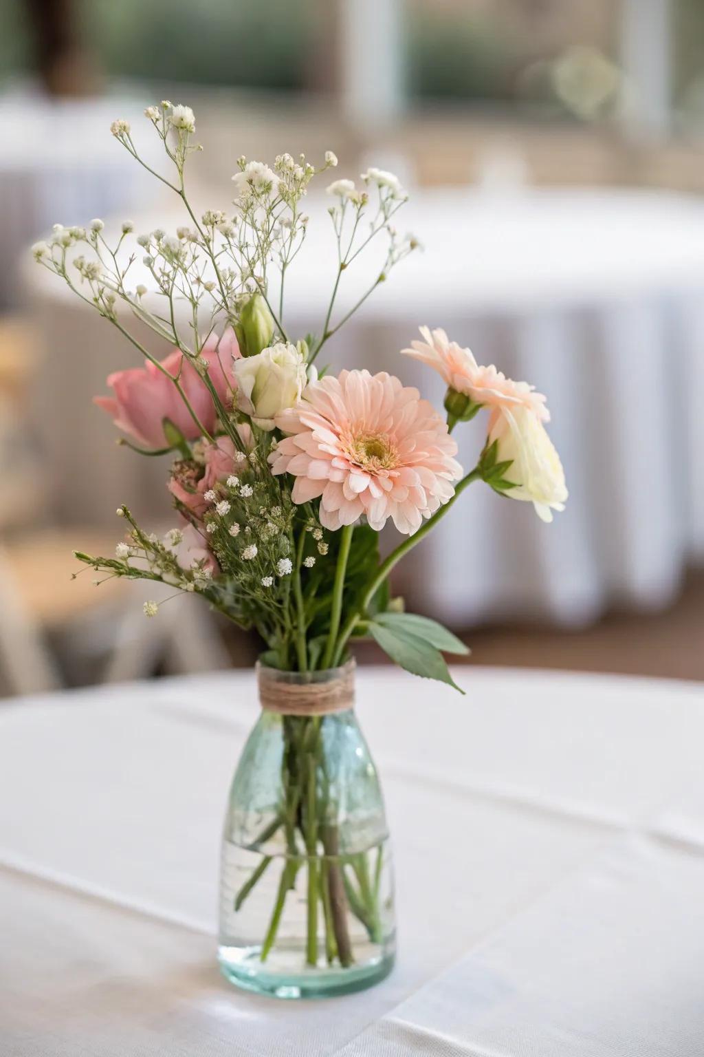 A simple floral centerpiece with a few blooms on a table.