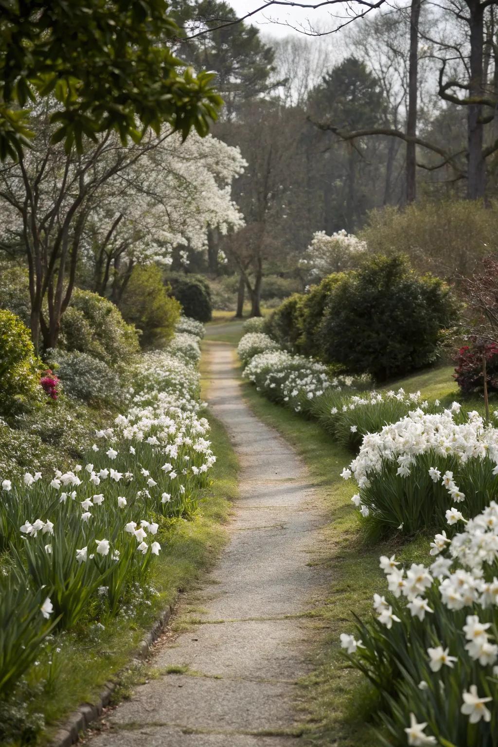 An ivory flower footpath crafting a fairy-tale garden entrance.