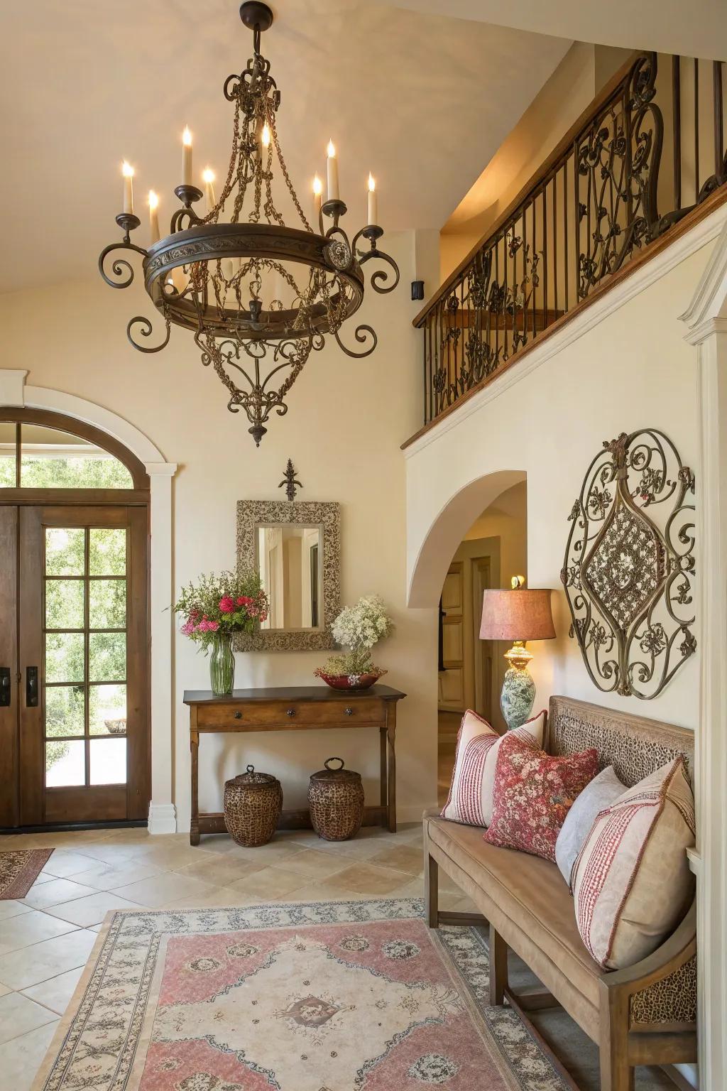 A ornate alloy chandelier incorporates whimsical charm to this cozy entryway.