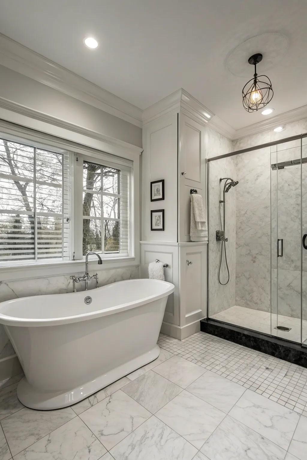 A timeless monochrome bathroom featuring a freestanding tub and sleek design.