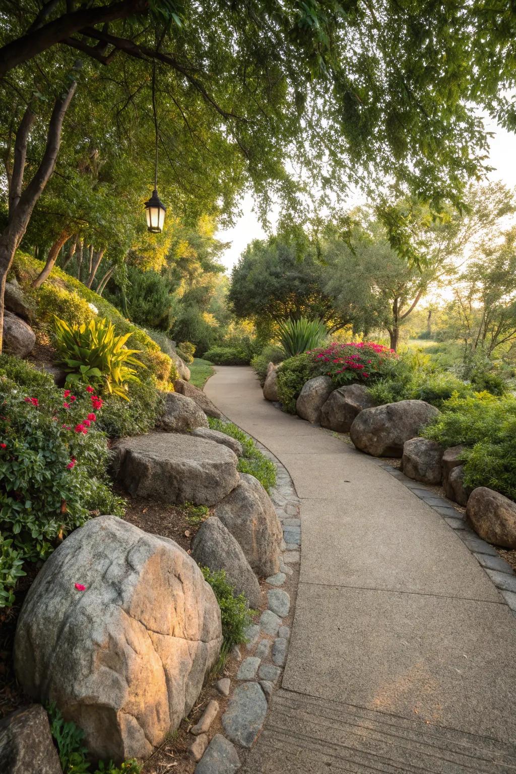 Large stone edges create a natural and structured boundary.